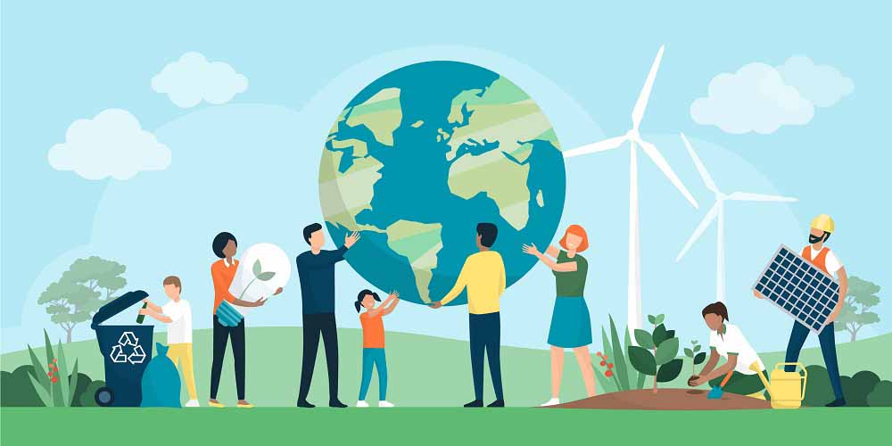 Multiethnic group of people cooperating for environmental protection and sustainability in a park: they are supporting earth together, recycling waste, growing plants and choosing renewable energy resources