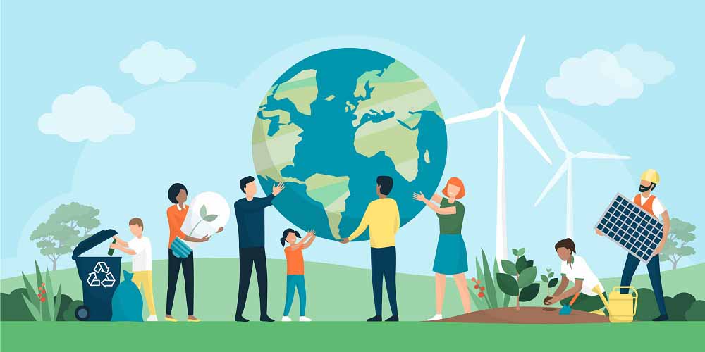 Multiethnic group of people cooperating for environmental protection Multiethnic group of people cooperating for environmental protection and sustainability in a park: they are supporting earth together, recycling waste, growing plants and choosing renewable energy resources